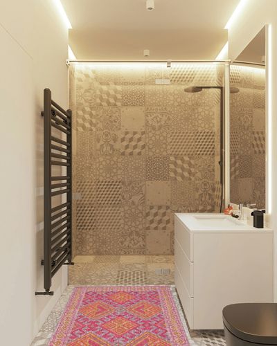 Dash & Albert Valencia Kilim Handwoven Indoor/Outdoor Rug, 3 X 5 Feet, Pink/Blue Geometric Pattern in White Tiled Bathroom