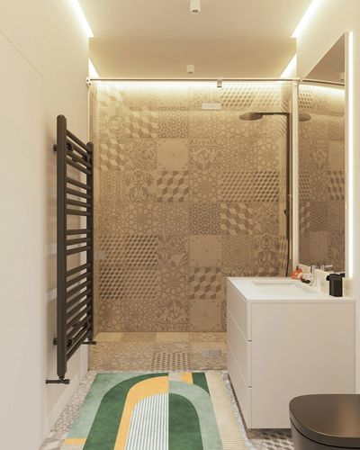 Retro Gold Green Mid Century Kids Area Rug, Abstract Geometric Irregular Stripes Large Carpet, Indoor Non-Slip Machine Washable Breathable Durable Carpet for Front Entrance Floor Decor,3 x 5ft in White Tiled Bathroom