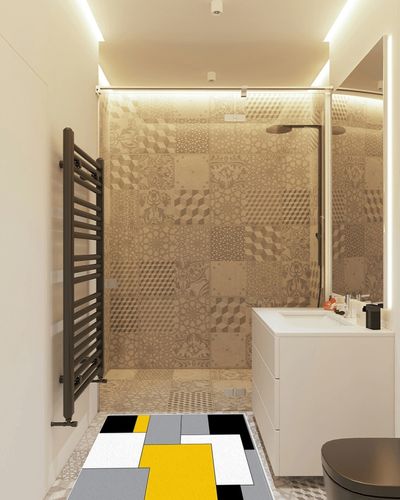 Washable Area Rug 3'x5', Yellow Black and Gray Geometric Pattern Modern Abstract Art Soft Indoor Outdoor Floor Carpet, Non-Slip Ultra-Thin Area Rugs for Living Room/Bedroom/Kitchen Aesthetic Decor in White Tiled Bathroom