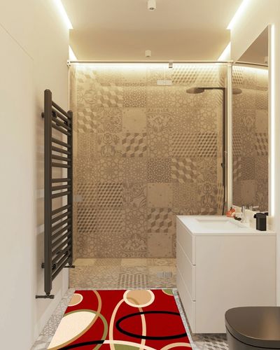 Red Beige Geometric Indoor Outdoor Area Rug, Large Area Rugs for Living Room Bedroom, Modern Round Geometry Abstract Art Non Slip Bathroom Rugs Washable Throw Carpet Floor Mats Runner 3'x5' in White Tiled Bathroom