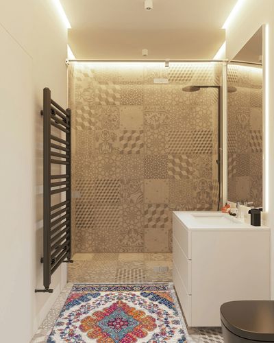 JONATHAN Y BMF106A-3 Bohemian Flair Boho Vintage Medallion Blue/Multi 3 ft. x 5 ft. Area-Rug, Vintage, Easy-Cleaning, for Bedroom, Kitchen, Living Room, Non Shedding in White Tiled Bathroom