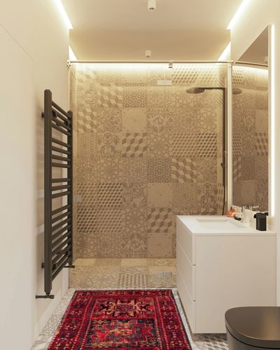 SAFAVIEH Vintage Hamadan Collection Accent Rug - 2'7" x 5', Red & Multi, Oriental Persian Design, Non-Shedding & Easy Care, Ideal for High Traffic Areas in Entryway, Living Room, Bedroom (VTH213A) in White Tiled Bathroom