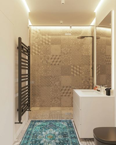 Moynesa Ultra-Thin Washable Vintage Area Rug - 3x5 Boho Entry Throw Rug Non-Slip Oriental Medallion Bedroom Mat Non-Shedding Indoor Floor Carpet for Living Laundry Room, Teal/Mutil in White Tiled Bathroom