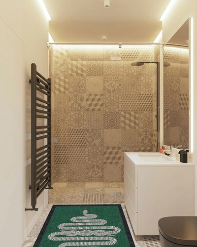 RUGGABLE x Jonathan Adler Washable Rug - Perfect Modern Area Rug for Living Room Bedroom Kitchen - Child Friendly - Stain & Water Resistant - Venom Emerald 3'x5' (Standard Pad) in White Tiled Bathroom