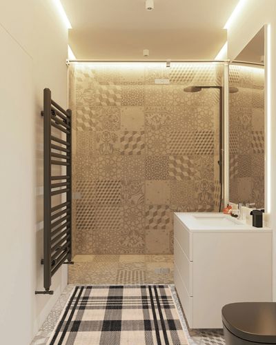 Safavieh Courtyard Collection CY6201 Plaid Indoor/ Outdoor Non-Shedding Stain Resistant Patio Backyard Area Rug, 2'7" x 5', Black / Bone in White Tiled Bathroom