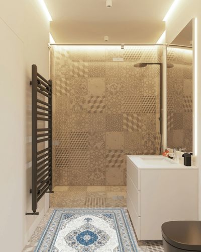 Area Rug Living Room Rugs: 3x5 Machine Washable Rug Soft Low Pile Area Rug with Non-Slip Backing, Medallion Floor Carpet for Bedroom Dining Room Nursery Home Office-Blue/Cream in White Tiled Bathroom