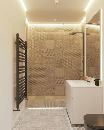 nuLOOM Neva Modern Tasseled Shag Area Rug, 3' x 5', Beige in White Tiled Bathroom