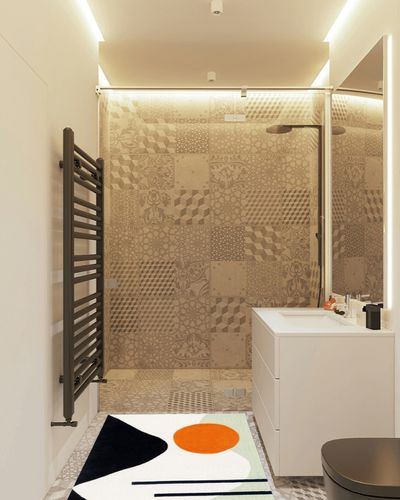 Safavieh Rodeo Drive Collection Accent Rug - 3' x 5', Green & Black, Handmade Mid-Century Modern Abstract Wool, Ideal for High Traffic Areas in Entryway, Living Room, Bedroom (RD883Y) in White Tiled Bathroom