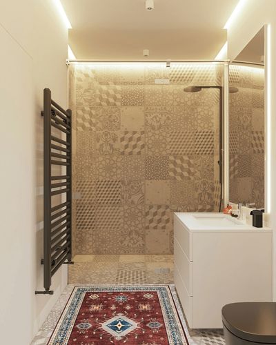 Lahome Oriental Area Rugs -3x5 Washable Rug Non-Slip Vintage Living Room Rugs Ultra-Thin Oriental Bedroom Rug Accent Floor Carpet for Entryway Kitchen Bathroom Dining Room Office (3'x5',Amber Red) in White Tiled Bathroom