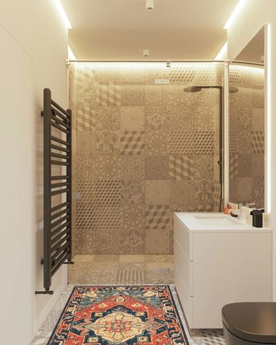 SAFAVIEH Heritage Collection Accent Rug - 3' x 5', Red & Navy, Handmade Traditional Oriental Wool, Ideal for High Traffic Areas in Entryway, Living Room, Bedroom (HG920Q) in White Tiled Bathroom