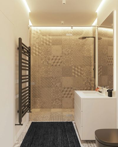 nuLOOM Rigo Hand Woven Farmhouse Jute Accent Rug, 3x5, Black in White Tiled Bathroom