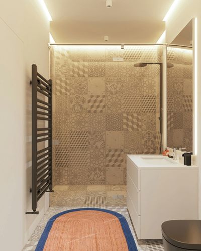 Chouhan International Natural Jute Light Blue Bordered Rug Bohemian Rug Decor Rug Handwoven Rug Custom Rug Decorative Rugs in White Tiled Bathroom