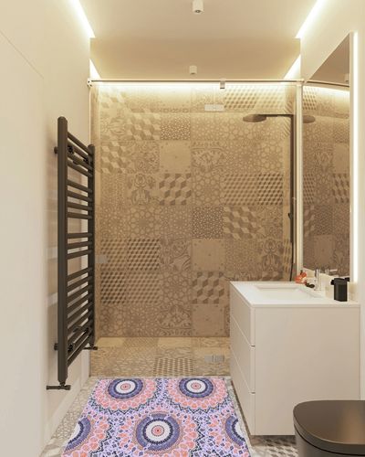 Indian Mandal Area Rug2'7''x 5', Modern Outdoor Living Room Bedroom Area+Rug Carpet, Kitchen Rug Bath Mat Front Porch Floor Doormat Runner Rugs, Bohemian Geometric Flower Orange Purple in White Tiled Bathroom