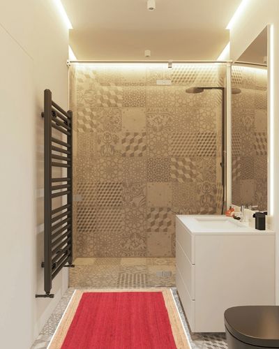 Durrie India Bohemian Collection Area Rug 3' x 5' Natural Fiber Collection Handmade Boho Fringe Woven Jute Area Rugs for Living Room,Bedroom Decorative Rug (Red) in White Tiled Bathroom
