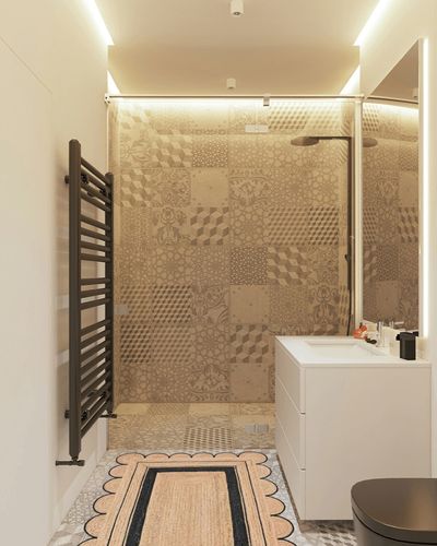 ArtisanRugHub Natural Jute Scalloped Rug Bohemian Rug Decor Rug Handwoven Rug Custom Rug Decorative Rug (1BLK-3x5) in White Tiled Bathroom