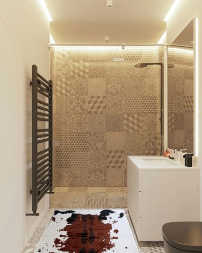 Masada Rugs, Faux Fur Cowhide Area Rug Brown Black White (3 Feet X 5 Feet) in White Tiled Bathroom