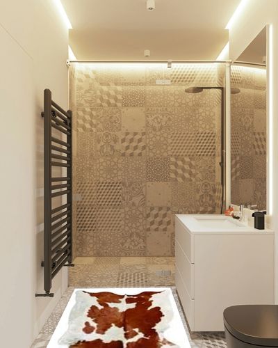 Brown and White Cowhide Rug Natural Cow Skin Cow Hide Leather Area Rug Hair On, Small 5 ft X 3 ft Premium Brown White Shed Free Natural Hide in White Tiled Bathroom