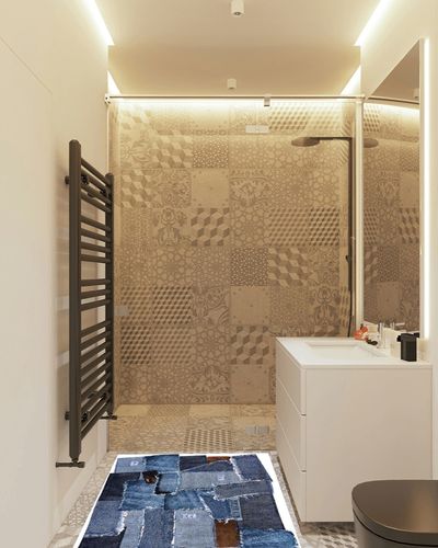 Unirea Modern Denim Area Rug, Durable Faux Cowhide Vintage Irregular Rugs, Stain Resistant Non-Slip Backing Washable Rugs for Living Room Bedroom Kids Room Nursery, Western Home Decor, 3x5 ft/60"X36" in White Tiled Bathroom