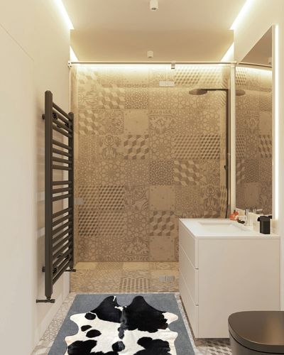 Black and White Cowhide Rug Natural Cow Skin Cow Hide Leather Area Rug Hair On, Small 5 ft X 3 ft Premium Black White Shed Free Natural Hide in White Tiled Bathroom