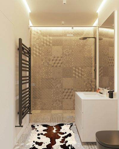 MeshNew Tricolor Brazilian Cowhide Rug Tri Cow Hide Skin Leather Area Rug Exotic (Small 5ft X 3ft) in White Tiled Bathroom