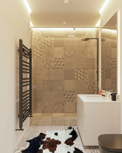 ARTISTIC DECOR Pure Brown Tricolor Cowhide Rug Black Brown and White Luxurious Cow Skin Tri Color (Small 5 x 3ft) in White Tiled Bathroom