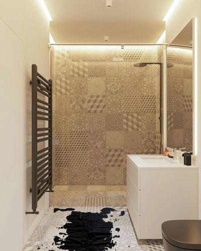 Flash Furniture Barstow Collection Area Rug - Black Faux Cowhide Print - 3' x 5' Polyester Backing - Vegan & Cruelty Free - Living Room, Bedroom, Entryway in White Tiled Bathroom