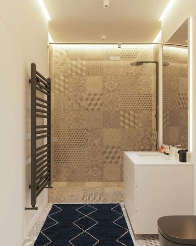 Safavieh Vintage Leather Collection Accent Rug - 3' x 5', Black & Natural, Handmade Modern Rustic Boho, Ideal for High Traffic Areas in Entryway, Living Room, Bedroom (VTL801Z) in White Tiled Bathroom