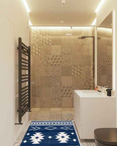 Safavieh Kilim Collection Accent Rug - 3' x 5', Navy & Ivory, Flat Weave Rustic Boho Tribal Design, Non-Shedding & Easy Care, Ideal for High Traffic Areas in Entryway, Living Room, Bedroom (KLM764N) in White Tiled Bathroom