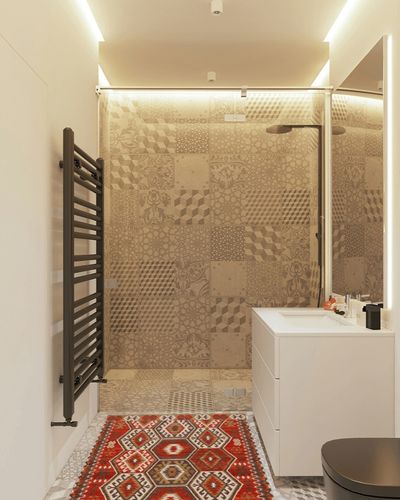 Safavieh Kilim Collection Accent Rug - 3' x 5', Red & Olive, Handmade Tribal Southwestern Boho Wool, Ideal for High Traffic Areas in Entryway, Living Room, Bedroom (KLM328Q) in White Tiled Bathroom