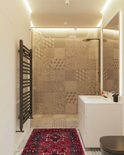 SAFAVIEH Vintage Hamadan Collection Accent Rug - 2'7" x 5', Red & Multi, Oriental Persian Design, Non-Shedding & Easy Care, Ideal for High Traffic Areas in Entryway, Living Room, Bedroom (VTH211A) in White Tiled Bathroom
