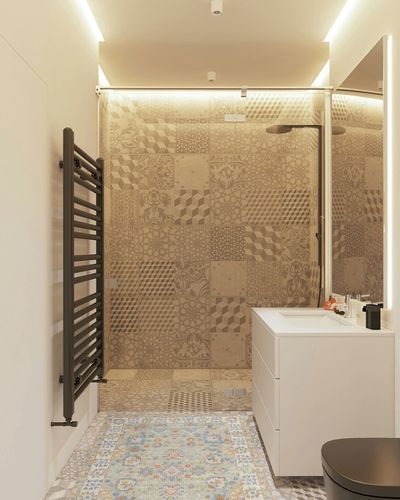 Momeni Anatolia Area Rug, 3 ft 3 in x 5 ft, Light Blue in White Tiled Bathroom