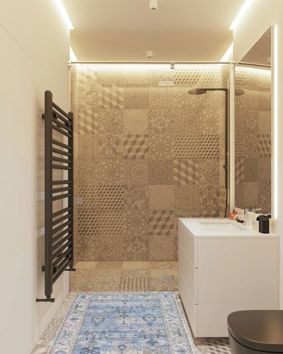 Adiva Rugs Machine Washable Area Rug with Non Slip Backing for Living Room, Bedroom, Bathroom, Kitchen, Printed Vintage Home Decor, Floor Decoration Carpet Mat (Blue, 3' x 5') in White Tiled Bathroom