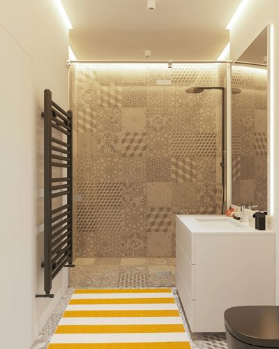 SAFAVIEH Montauk Collection Accent Rug - 3' x 5', Yellow & Ivory, Handmade Flat Weave Boho Farmhouse Cotton Stripe, Ideal for High Traffic Areas in Entryway, Living Room, Bedroom (MTK712A) in White Tiled Bathroom