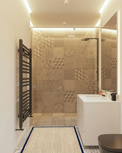 nuLOOM Elijah Farmhouse Seagrass Area Rug, 3' x 5', Navy in White Tiled Bathroom