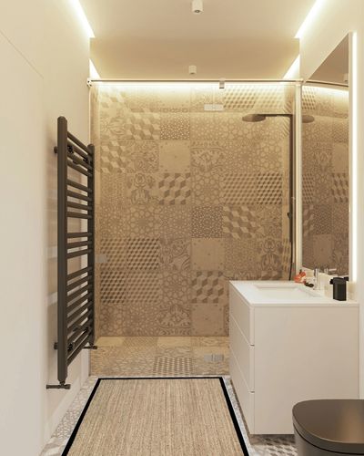 nuLOOM Elijah Farmhouse Seagrass Area Rug, 3' x 5', Black in White Tiled Bathroom