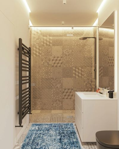 Morebes Vintage Area Rug 3x5, Washable Entry Rug Traditional Medallion Laundry Bedroom Mat,Non-Slip Non-Shedding Bathroom Accent Carpet for Entrance Living Room Office Rv,Deep Blue in White Tiled Bathroom