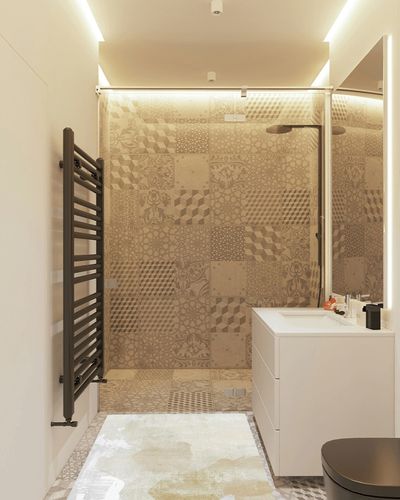 Eroyat Abstract Slim Area Rug,3x5 Feet Non-Slip Living Room Bedroom Rug,Indoor Entryway Kitchen Rug,Rug for Office,Non-Shedding Soft Low Pile Floor Decor,Beige in White Tiled Bathroom