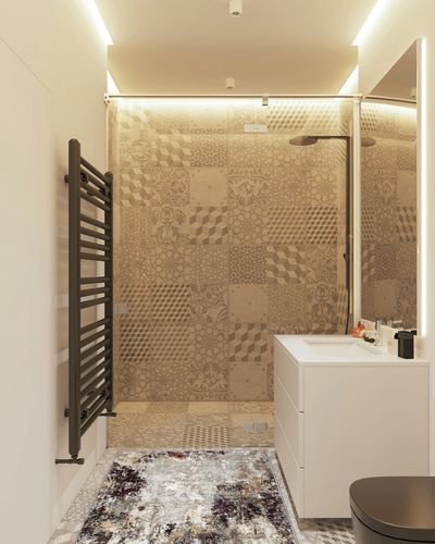 COLORPAPA Modern Abstract Area Rug 3x5 Washable Rug for Entryway Hallway Living Room Kitchen Bathroom Office Non-Slip Soft Floor Carpet, Purple/Beige/Yellow in White Tiled Bathroom