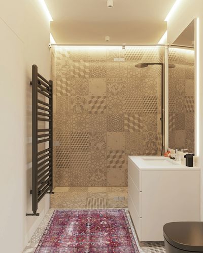 Safavieh Tucson Collection Accent Rug - 3' x 5', Red & Beige, Persian Design, Non-Shedding Machine Washable & Slip Resistant Ideal for High Traffic Areas in Entryway, Living Room, Bedroom (TSN174Q) in White Tiled Bathroom