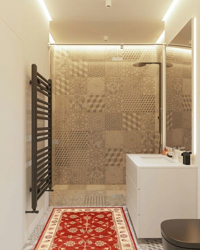 Rug Source Traditional Collection Size 3x5 Chobi-Peshawar Area Rug, Hand-Knotted/Hand-Woven Red Floral Rug, Oriental Wool Carpet for Foyer, Entryway, Hallway in White Tiled Bathroom