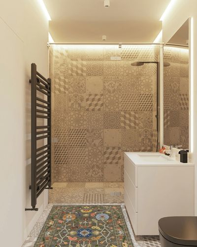 3' X 5' Grey Blue Pink Orange Rust Red Green and Ivory Oriental Power Loom Stain Resistant Area Rug with Fringe in White Tiled Bathroom