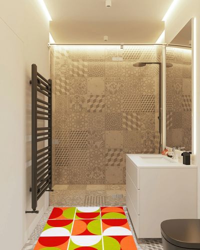 Mid Century Modern Abstract Orange Green Red Wool Area Rug 3x5 Vibrant Art Decor Minimalist Rug for Livingroom Bedroom Diningroom Boho Chic Floor Carpet in White Tiled Bathroom