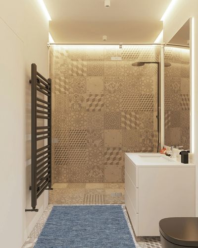 Nourison Practical Solutions Indoor/Outdoor Navy Blue 3' x 5' Area Rug, Easy Cleaning, Non Shedding, Bed Room, Living Room, Dining Room, Deck, Backyard, Patio (3x5) in White Tiled Bathroom