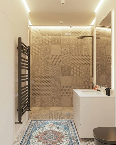 Gertmenian Boho Area Rug, 3.5x4.5, Home Decor for Entryway, Bedroom, Living Room, Office, Kitchen, Non Slip, Soft, Low-Pile, Printed Indoor Accent Rugs, Center Medallion, Soha Blue, 28510 in White Tiled Bathroom