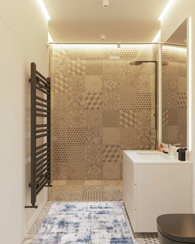 Gertmenian Boho Area Rug, 3.5x4.5 Home Decor for Entryway, Bedroom, Living Room, Office, Kitchen Non Slip, Soft, Low-Pile, Printed Indoor Accent Rugs Abstract, Cenis Blue Gray, 28550 in White Tiled Bathroom