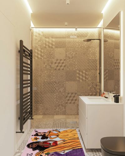 Gertmenian Disney Princesses Area Rug | Suitable for Classroom, Nursery, Bedroom, or Play Area | Ideal for Toddlers, Babies, and Young Children | 3.5x4.5ft Medium, Watercolor Pink/Purple/Orange 19837 in White Tiled Bathroom