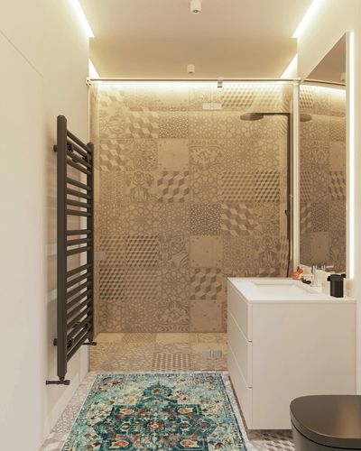 Wonnitar Boho 3x5 Rug for Entryway,Bohemian Washable Soft Living Room Rug,Non-Slip Dark Green Distressed Bathroom Throw Mat,Non-Sheding Low Pile Indoor Floor Carpet for Apartment Dorm Closet in White Tiled Bathroom