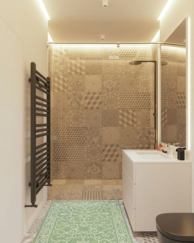 Eyely BMS106K-3 Santa Monica Charleston Vintage Filigree Textured Weave Indoor/Outdoor Area Rug Classic, Bedroom, Kitchen, Backyard, Patio, Easy-Cleaning, Non-Shedding, 3 X 5, Green/Ivory in White Tiled Bathroom