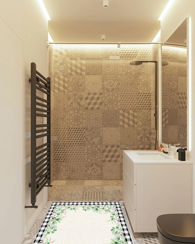 Eucalyptus Leaves Area Rug, 2'7'' x 5' Indoor Outdoor Area Rugs with No-Slip Backing, Easy to Clean, Perfect for Living Room/Bedroom/Patio/Picnic/Decking, Green Plant with Black White Buffalo Plaid in White Tiled Bathroom