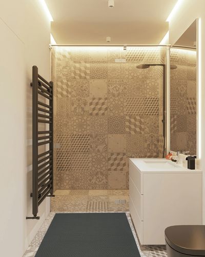 Garland Rug Town Square 3-Feet by 5-Feet Area Rug Cinder Gray in White Tiled Bathroom